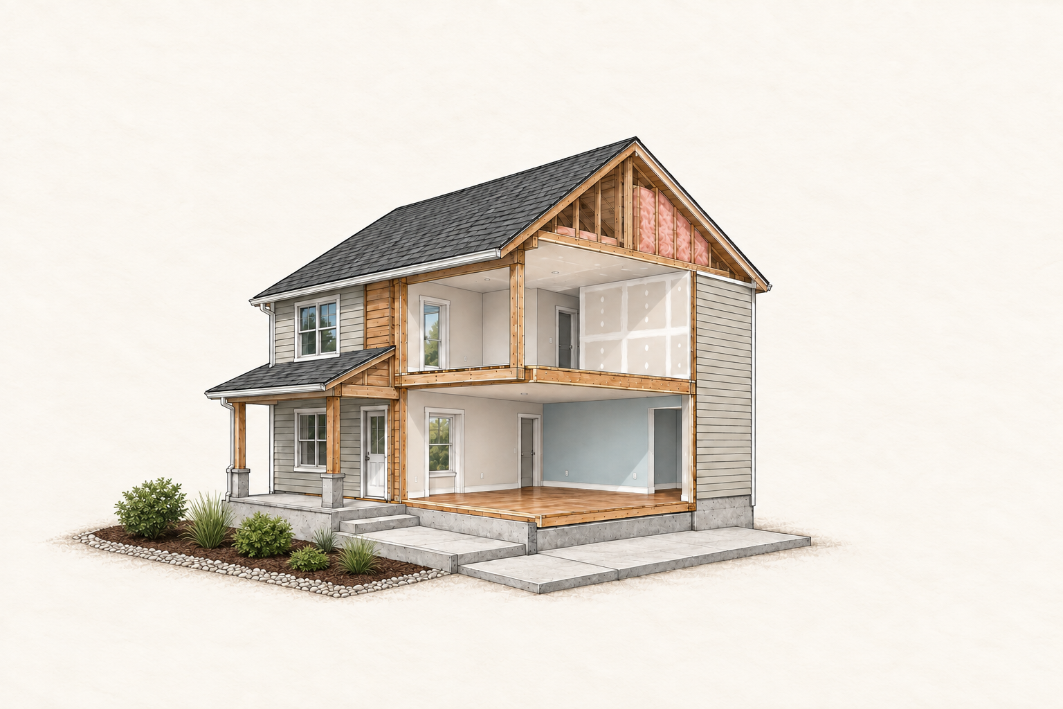 Illustrated house cutaway showing roof, insulation, drywall, siding, painted walls, flooring, concrete, and a landscaped garden bed.